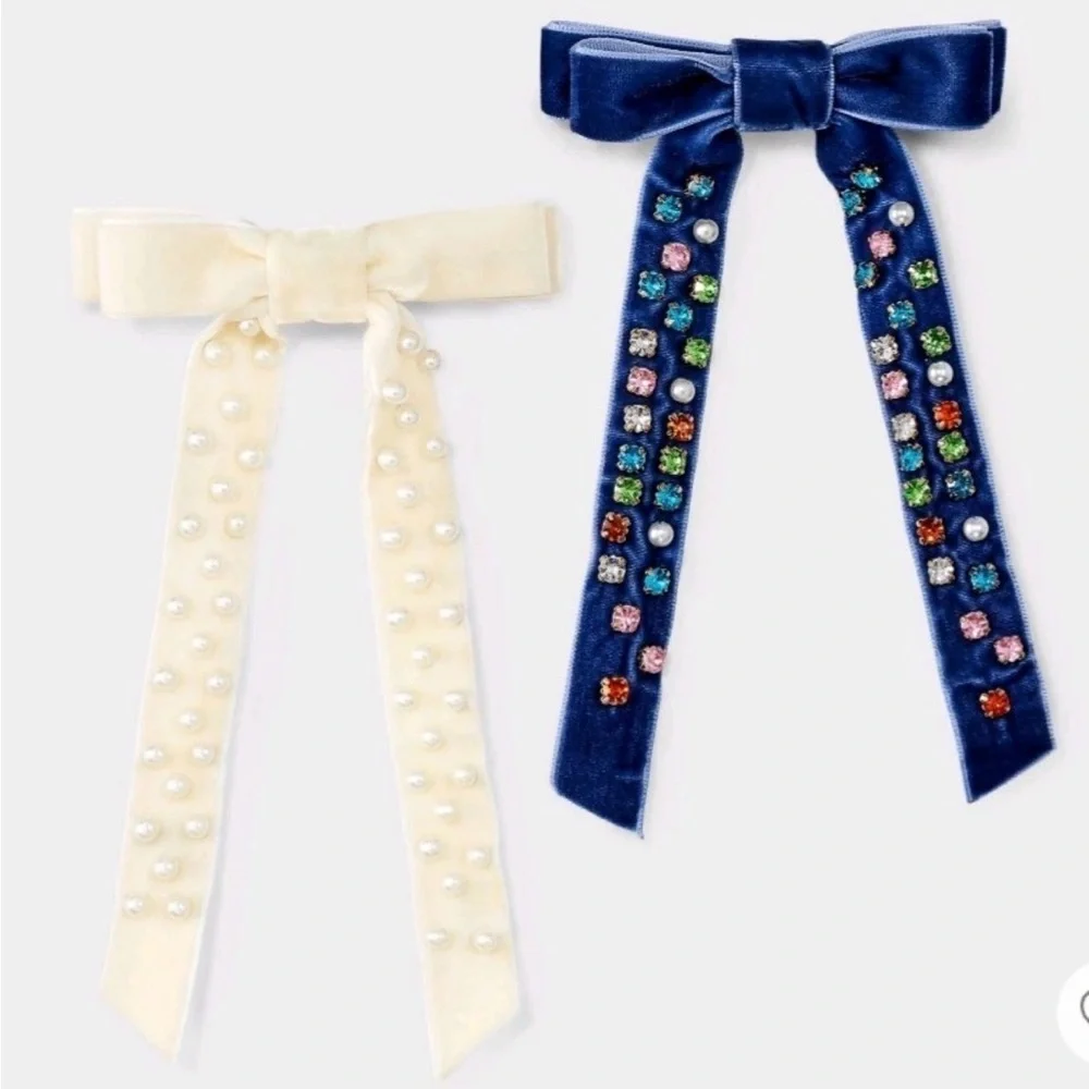 A New Day Set of 2 Velvet Rhinestone Pearl Hair Bow Barrettes Cream Navy NWT
